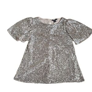 Hilary Radley Gold Crewneck Sequin Bell Sleeve Blouse With Keyhole Back Size XS